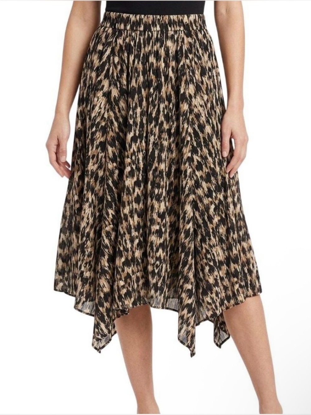 Anthropologie Asymmetrical Animal-Print Handkerchief Hem Skirt Black and Tan Lg